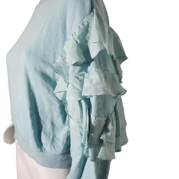 Alice + Olivia Womens Medium Blue Ruffle Sleeve Crew Neck Pullover Sweater - Picture 4 of 7